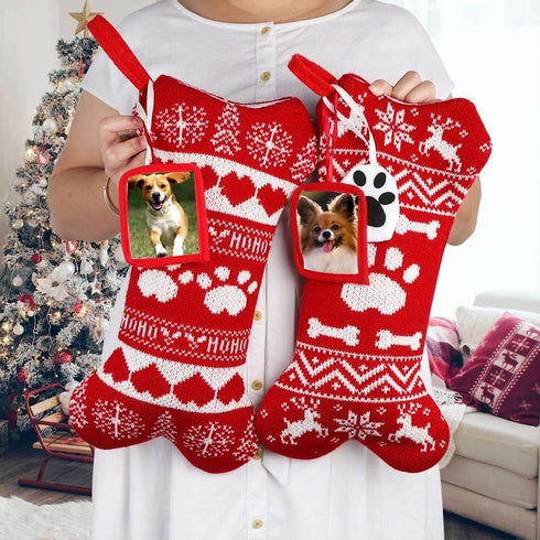 OurWarm 2Pcs Dog Christmas Stockings, Red Knit Dog Stockings with Picture Frame, Large Bone Shape Pet Stockings for Dogs Christmas Holiday Decoration