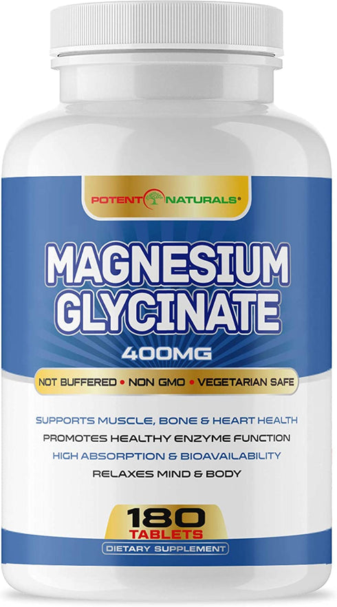 Magnesium Glycinate 400mg 180 Tablets - Maximum Strength, Healthy Relaxation, Muscle Function & Bone Support, Non-Laxative - Non GMO, Gluten Free