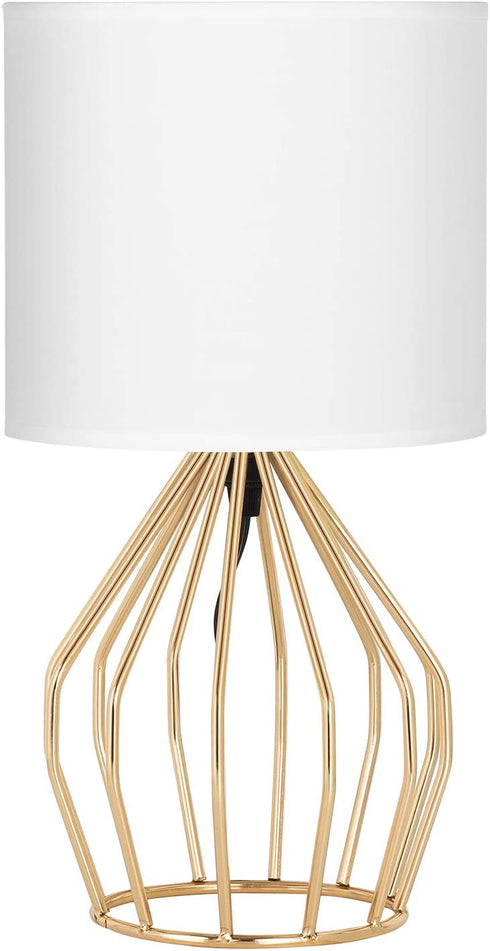 HAITRAL Gold Table Lamp - Modern Style Desk Lamp with Hollowed Out Base Linen Fabric Shade, Small Golden Bedside Lamp for Bedrooms, Living Room
