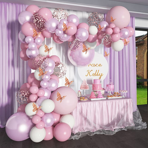 Soonlyn Baby Shower Decorations for Girl 140 Pcs Pink Balloon Garland with Butterfly Stickers 18 In 12 In 10 In 5 In Lilac Purple Chrome Rose Gold Confetti Balloon Arch Kit for Girl Birthday Party Bridal Shower