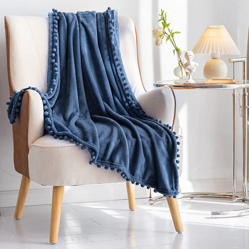 BT.WA Throw Blanket with Pompom Fringe Soft Cozy Flannel Blanket for Couch Sofa Bed Camping Travel Home Decor (Aegean Blue, 51"x63")