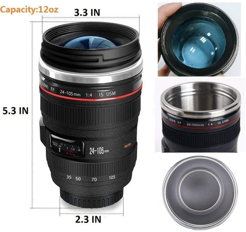 Camera Lens Coffee Mug,Comes with a Musical Note Spoon,Novelty Stainless Steel Camera Lens Mugs for Music Lover Photographer Filmmaker,by POXIWIN
