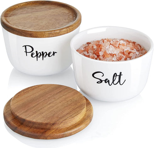Farmhouse Salt and Pepper Bowls, DAYYET 10 oz Salt Cellar with Lid, Stacked Ceramic Salt Pepper Container with Wooden Lid, Salt Box for Countertop, Modern Farmhouse Kitchen Decor, Set of 2, White