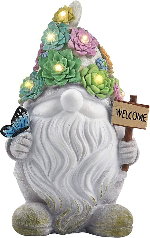 Gnome Garden Statues Outdoor Decor, Solar Gnome Figurines Lights for Garden Decoration Yard Art Gifts with 10 Warm White LEDs