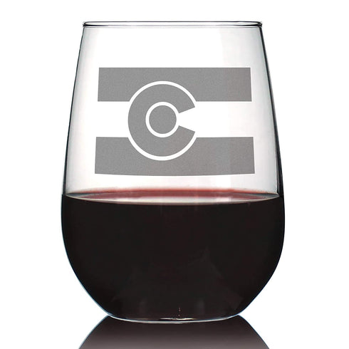 Colorado Flag - Cute Centennial State Stemless Wine Glass, Large 17 oz, Etched Sayings, Gift Box