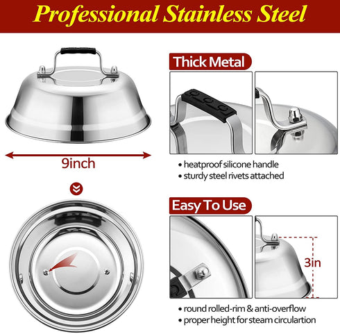 Cheese Melting Dome 12Inch & 9Inch, HaSteeL Stainless Steel Round Steaming Basting Cover Set, Heavy Duty Griddle Grill Accessories for Flat Top Griddle Teppanyaki BBQ Cooking Indoor & Outdoor - 3Packs