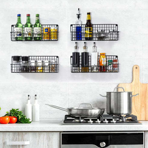 Spice Racks for Wall Mount, Easy to Install Set of 4 Spice Organizer,Hanging Black Spice Organizer Shelf, Farmhouse Seasoning Organizer, Space-Saving Spice Shelves Holder for Kitchen Wall