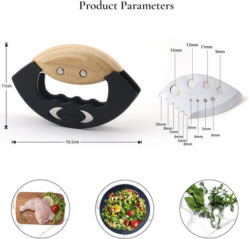 Jawanfu Hand Salad Chopper, Double Blade Sharp Mezzaluna Chopper with Protective Covers, Wooden Handle Mincer Knife, Metal Vegetable Chopper for Chopped Salad (Black)