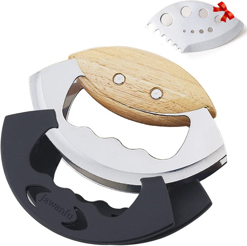 Jawanfu Hand Salad Chopper, Double Blade Sharp Mezzaluna Chopper with Protective Covers, Wooden Handle Mincer Knife, Metal Vegetable Chopper for Chopped Salad (Black)