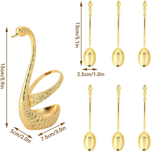 Agatige Coffee Spoon, Stainless Steel Serving Bar Dessert Spoon with Swan Holder Household Tableware (Gold)