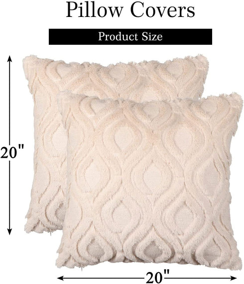 Decorative Throw Pillow Covers 20x20, Faux Fur Farmhouse Boho Pillow Cases ,Soft Plush Fuzzy Beige Cushion Covers for Sofa Couch Living Room Bedroom Set of 2