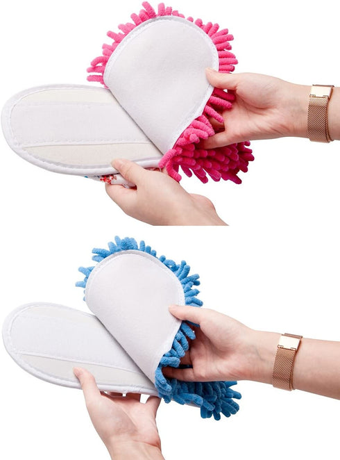 2 Pairs Microfiber Slipper Cleaning Mop Slippers Washable Detachable House Shoe Cover Dust Floor Cleaner for Bathroom Office Kitchen, Blue + Rose Red