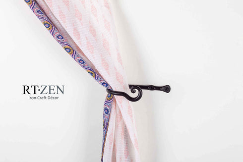RTZEN Decorative Small Curtain Holdbacks - Set of 2 - Wrought Iron Window Drapery Tiebacks - Handmade Rod Drape Tieback Black Hooks - Rot Metal Drapes Hangers - Unique Hand Craft Décor