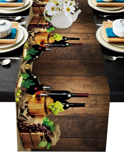 Savannan Dining Table Runner, Red Wine Grape Wooden Barrel Rustic Board Plank Long Anti-Skid Burlap Tabletop Decoration Runner for Kitchen, Parties, Banquets, 13"x120"