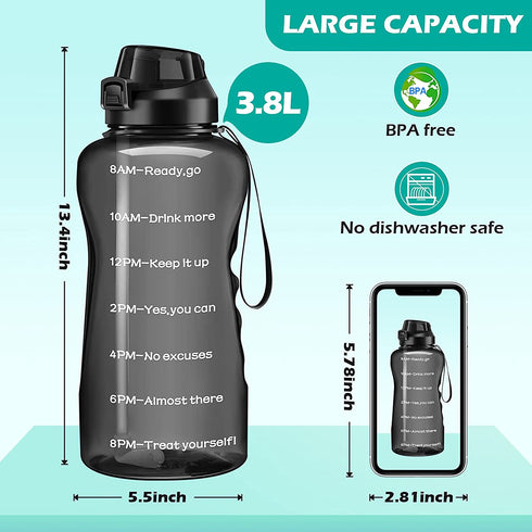 4AMinLA Motivational Gallon Water Bottle with Time Marker & Straw, Large Capacity Leakproof BPA Free Fitness Sports Water Jug (black)