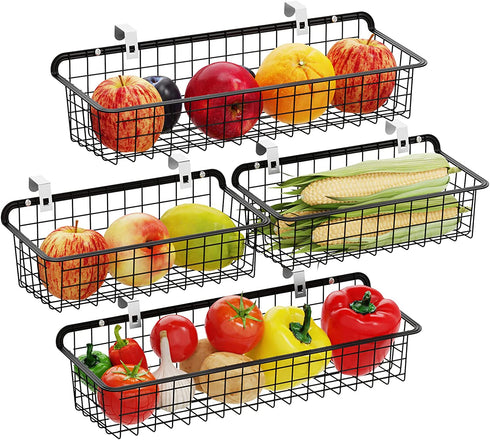 Wall Baskets, Packism 4 Pack Cabinet & Wall Mounted Wire Baskets, Multifunctional Hanging Wire Basket for Kitchen, Home, Office, Bathroom, Garage Storage, Wire Storage Baskets with Mount Hooks, Black