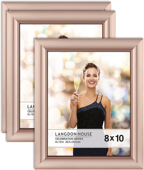 Langdon House 8x10 Picture Frames (Rose Gold, 3 Pack), Contemporary Glam Photo Frames 8 x 10, Wall Mount or Table Top, Celebration Collection