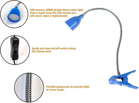 Newhouse Lighting LED Clip on Light/Clamp Lamp/Reading Book Light for Desk, Bed, Office, and Dorm Room, Blue (NHCLP-LED-BLU)