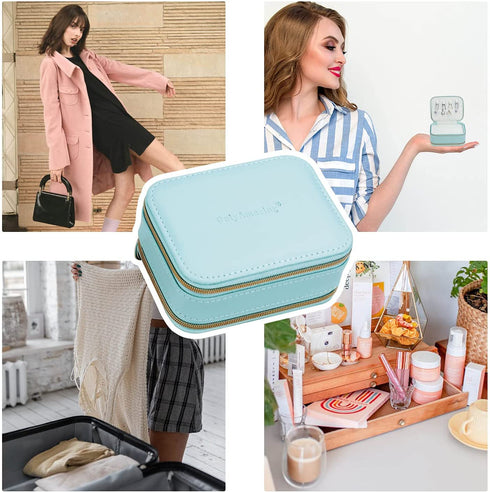 Cute Mini Jewelry Box, Portable Mirror Jewelry Organizer PU Leather Box for Women Girls Gift(Blue)
