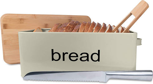 LifeSmart Bread Box Cutting Board and Bread Accessories- Bamboo - 12.5 inches by 6.5 inches by 4 inches - Includes Bonus Bread Knife and Bamboo Toast Tongs