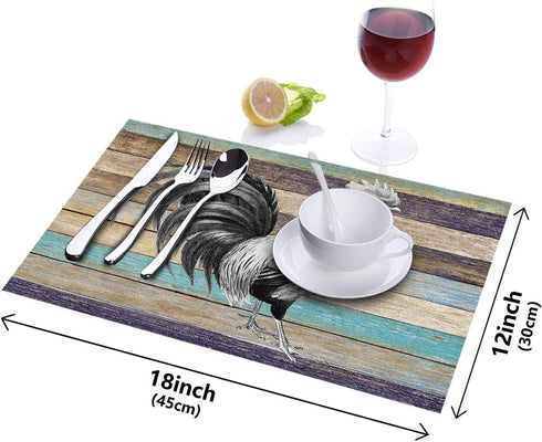 WARM TOUR Table Placemats Set of 4, Farm Cock Rooster on Retro Wood Grain Heat Resistant Place Mats Washable Cotton Linen Table Mats for Dining Kitchen, Easy to Clean, America Retro Country Theme