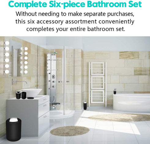 Papillon Bathroom Accessories Set-6 Piece Plastic Gift Set Toothbrush Holder,Toothbrush Cup,Soap Dispenser,Soap Dish,Toilet Brush Holder,Trash Can,Tumbler Straw Set Bathroom (Black)