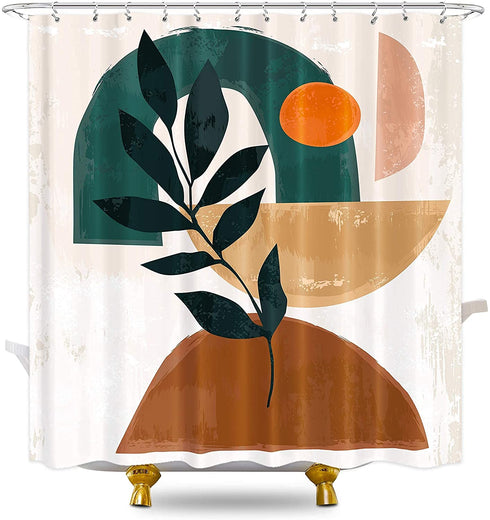 KOMLLEX Abstract Boho Mid Century Shower Curtain 60Wx72H Inch Fabric Modern Terracotta Green Shower Curtain Aesthetic Plant Eucalyptus Sun Rainbow Bathroom Set Minimalist Geometric Women Bathtub Decor