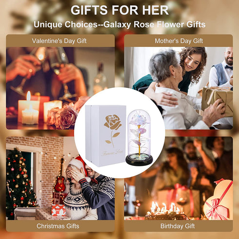 Beferr Mother's Day Unique Gift for Women, Galaxy Rose Glass Crystal Flower Gift in Glass Dome with LED Light Mothers Day Birthday Gift Ideas for Mom/Wife/Grandma/Daughters