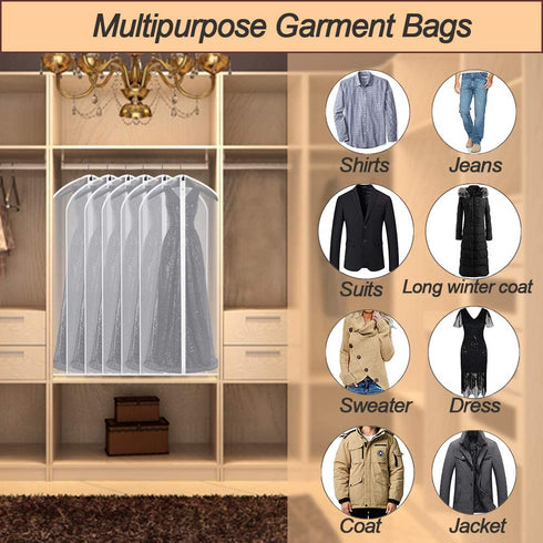 Hanging Garment Bags Cover 24''X48'' Lightweight Clear White Suit Protector Cover (Pack of 6) with Study Full Zipper for Suit Clothes Storage Closet (24''X48'', White)