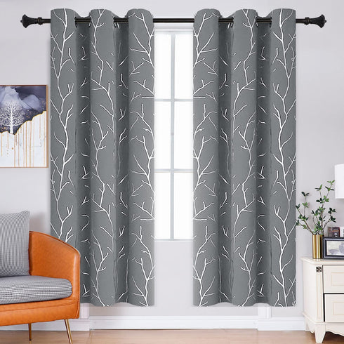 BUHUA Light Grey Blackout Bedroom Curtains,Black Out cCurtains 63 Inch Long 2 Panels,Window Curtains Panels,Thermal Insulated Windproof Elegant Tree Branches Silver Print Drapes 38W x 63L