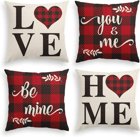 AVOIN Valentine's Day Saying Buffalo Plaid Throw Pillow Cover, 18 x 18 Inch Holiday Anniversary Wedding Cushion Case for Sofa Couch Set of 4