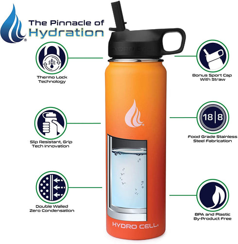 HYDRO CELL Stainless Steel Water Bottle w/ Straw & Wide Mouth Lids (64oz 40oz 32oz 24oz 18oz 14oz) - Keeps Liquids Perfectly Hot or Cold with Double Wall Vacuum Insulated Sweat Proof Sport Design (Red/Orange 24oz)