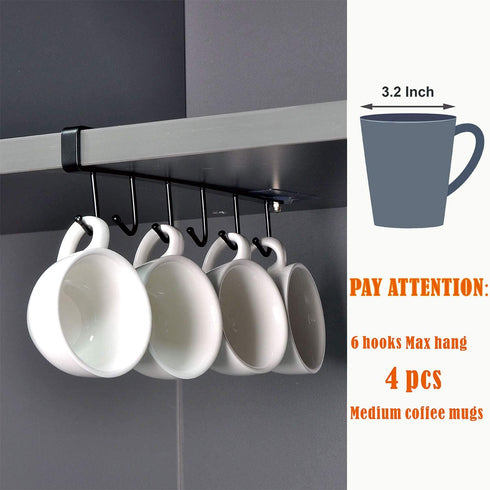 ECROCY Adhesive Cup Holder Under Cabinet - 3pcs x 6 Hook Coffee Cup Mug Holder for Kitchen, Fit for 1 Inch Thickness Shelf or Less - Only Fit for Flat Buttom Cabinet Without Any Lip