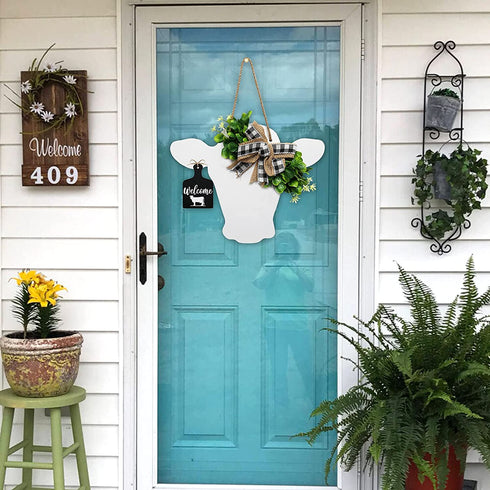 Welcome Farmhouse Cow Head Door Wreath Sign Rustic Wooden Calf Front Door Hanger Buffalo Plaid Burlap Bow And Artificial Leaves Home Restaurant Cafe Outdoor Indoor Decoration Gift Ideas 12"x 15"