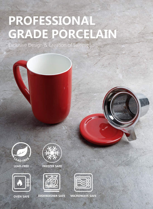 Sweese 203.104 Ceramic Tea Mug with Infuser and Lid, Single Cup Loose Tea Brewing System, Draw Your Own Design, 16 OZ, Red