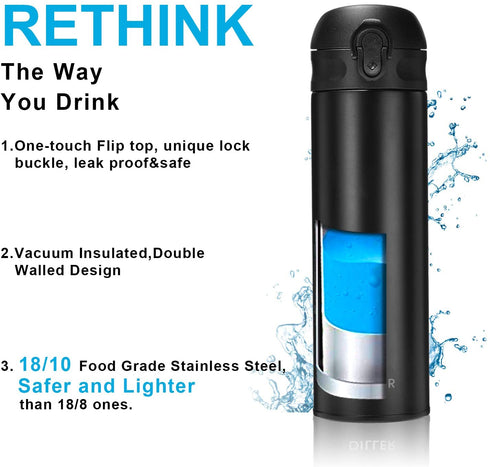 DILLER Vacuum Insulated Water Bottle,Stainless Steel Thermos Coffee Travel Mug BPA-Free Thermos Flask ,Keeps Cold 24H, Hot 12H,17 oz (pink)