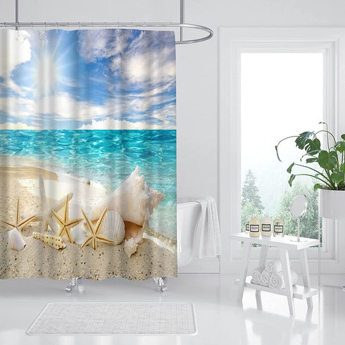 Artsbay Blue Sea Shower Curtain Set Starfish Seashells on Ocean Beach Eco-Friendly Waterproof Polyester Fabric Bathroom Bath Curtains 12 Hooks Included 72x72inches