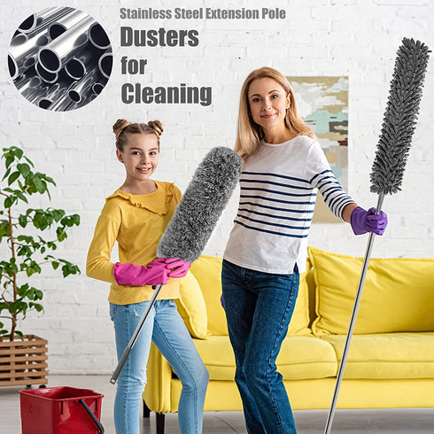 Microfiber Duster, Dusters for Cleaning, with Extension Pole (Stainless Steel) 30 to 100 Inches, Washable Lightweight Cobweb Duster Ceiling Fan, High Ceiling, Blinds, Furniture, Cars