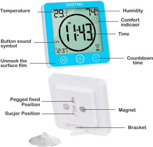 GXSTWU Digital Timer Shower Clock Waterproof?Waterproof for Water Spray? with Alarm, Bathroom Kitchen Wall Clock, Touch Screen Timer, Thermometer Hygrometer Suction Cup Hanging Hole Stand Magnet Blue