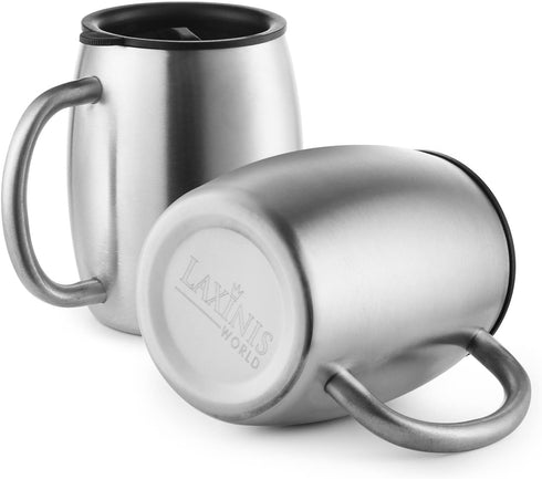 Stainless Steel Coffee Mugs with Spill Resistant Lids, 14 Oz Double Walled Insulated Coffee, Tea or Beer Cups, Set of 2