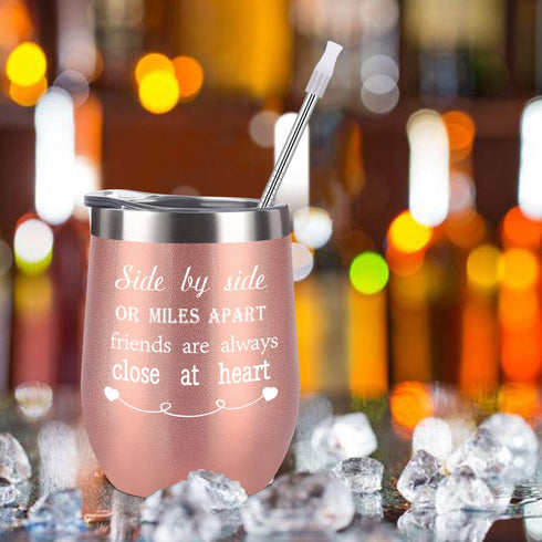Friends Wine Tumbler Set of 2, Side By Side or Miles Apart Friends Are Always Close at Heart Wine Tumbler for Good Friends Long Distance Friends Women, 12 Oz Stainless Steel Insulated Wine Tumbler