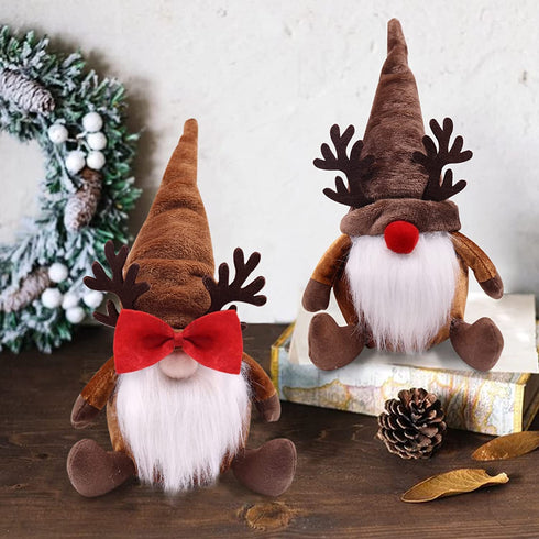 Christmas Gnomes with Light Rudolph Red Nose Gnome Couple Plush Reindeer Decorations Winter Holiday Elf Scandinavian Collectible Figurines Handmade Swedish Tomte Xmas Ornaments Gift Idea Set of 2