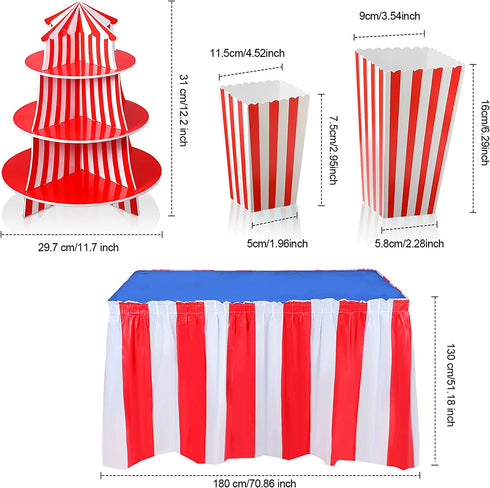 14 Pieces Carnival Red White Striped Table Skirt Carnival Tablecloth Circus Theme Table Cover 3 Tier Cupcake Foam Stand Popcorn Box for Mardi Cras Home Party Decorations Supplies