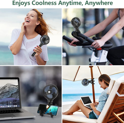 Mini Handheld Personal Portable Fan, Baby Stroller Fan, Car Seat Fan, USB or 4000mAh Battery Powered, with Flexible Tripod Clip on Student Bed Desk Peloton Bike Crib Treadmill Camping Traveling(Black)