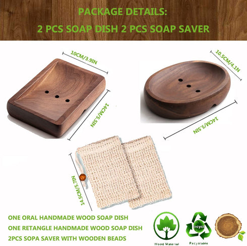 HASTER Walnut Wooden Soap Dish,Natural Handcrafted Bar Soap Holder, Wood Sponge Holder,Premium Gift Soap Holder with Soap Saver for Shower, Bathroom and Kitchen (Rectangular and Oval) 2Pack