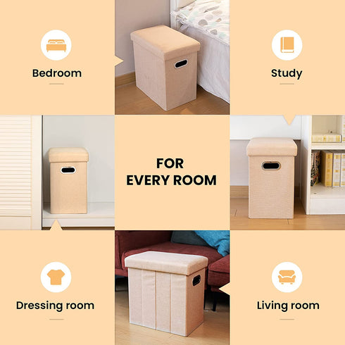 COSYLAND Ottoman with Storage Slim Folding Ottoman Footrest Foot Stool Ottoman for Room Small Tall Collapsible Fabric Ottoman Furniture with Lid Handles Toy Chest Linen Beige 16.5x16.5x10.6in