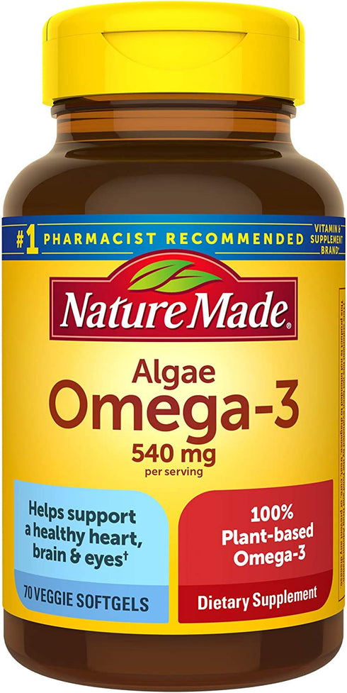 Nature Made Algae 540 mg Omega 3 Supplement, 70 Vegetarian Softgels, A Sustainable, Plant-Based for Healthy Heart, Brain, and Eye Support
