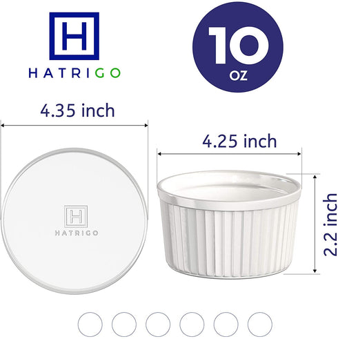 Hatrigo Porcelain Ramekins with Silicone Storage Lids, Set of 6 White Ramekins, 10 oz Oven Safe to 450 deg F, Dishwasher Safe