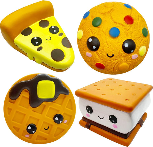 ASMFUOY Slow Rising 4 Pcs Smore Squishies, Cute Birthday Gift for Kids, Big Eyes Smore Pizza Biscuit Waffle Pack Stress Relief Squeeze Toys (Style A)