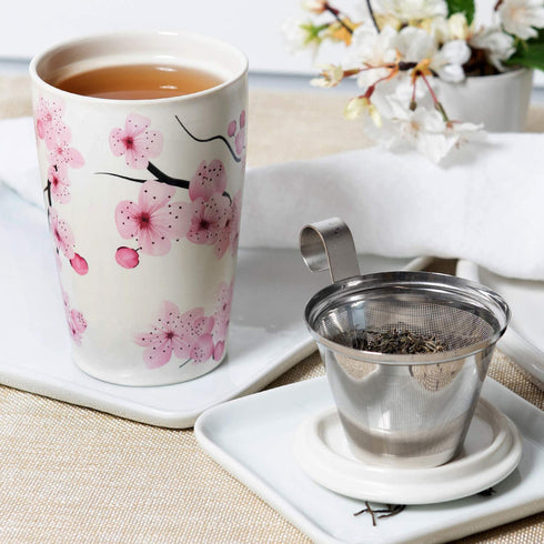 Tea Forte Kati Cup Hanami, Ceramic Tea Infuser Cup with Infuser Basket and Lid for Steeping Loose Leaf Tea